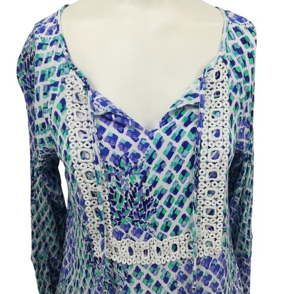 Lilly Pulitzer Amisa Top Size M Crochet Boho Bell Sleeves V-neck Tassel Blue - Picture 2 of 13